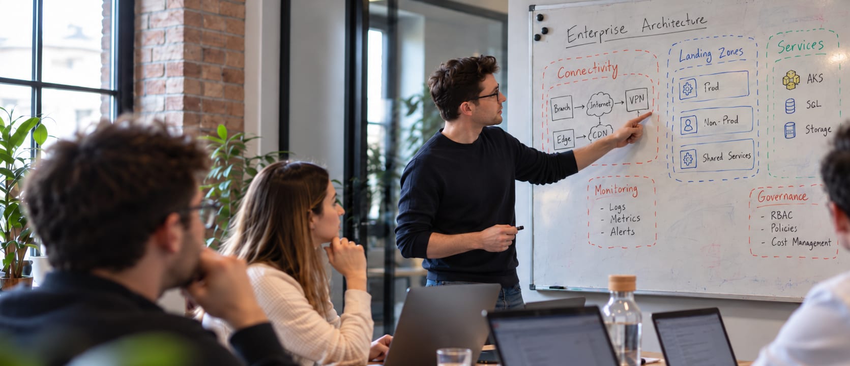 Architektur-Workshop: Ein voluro-Architekt erklärt am Whiteboard eine Enterprise-Architektur